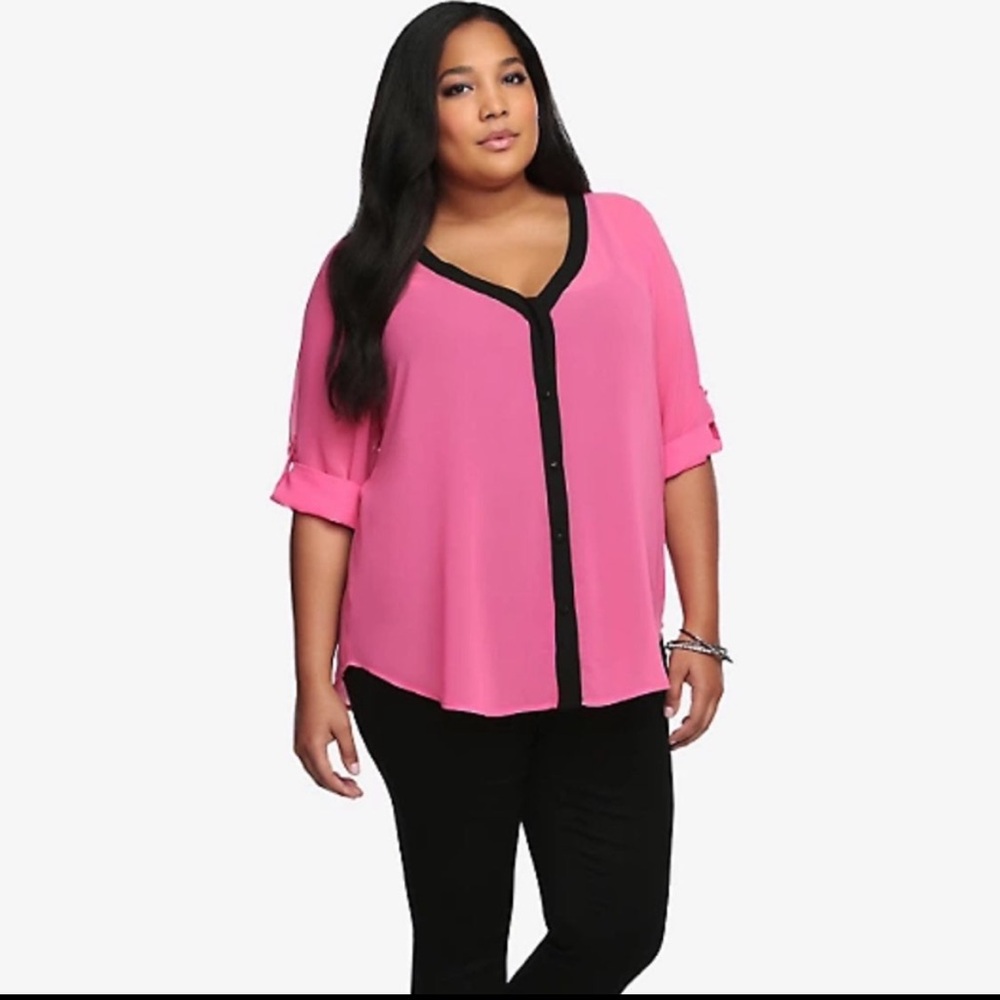 Torrid Collarless Chiffon Sheer Blouse Hot Pink & Black size 1
